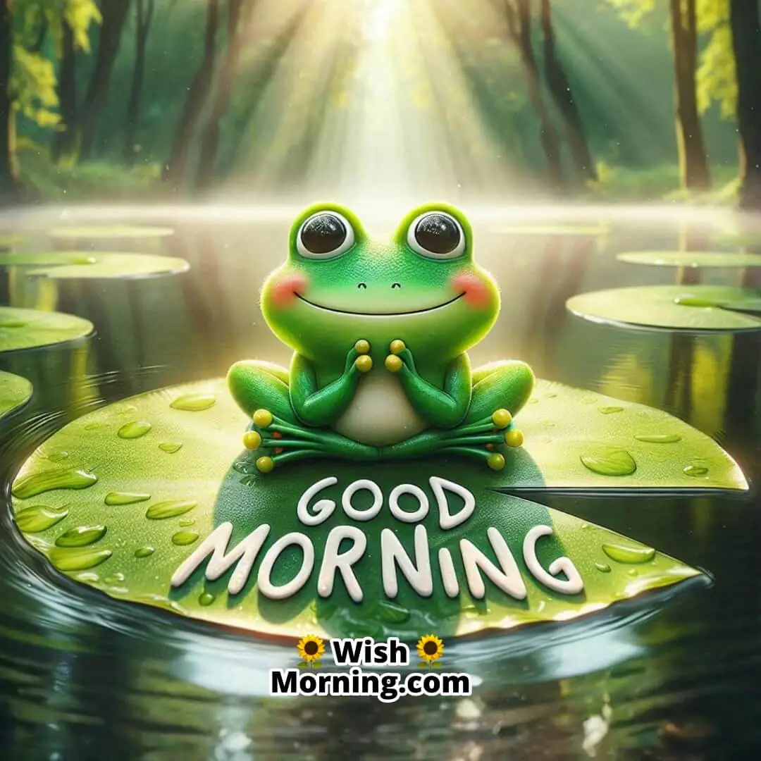 A frog enjoying morning calmness on a lily pad under soft golden sunlight.