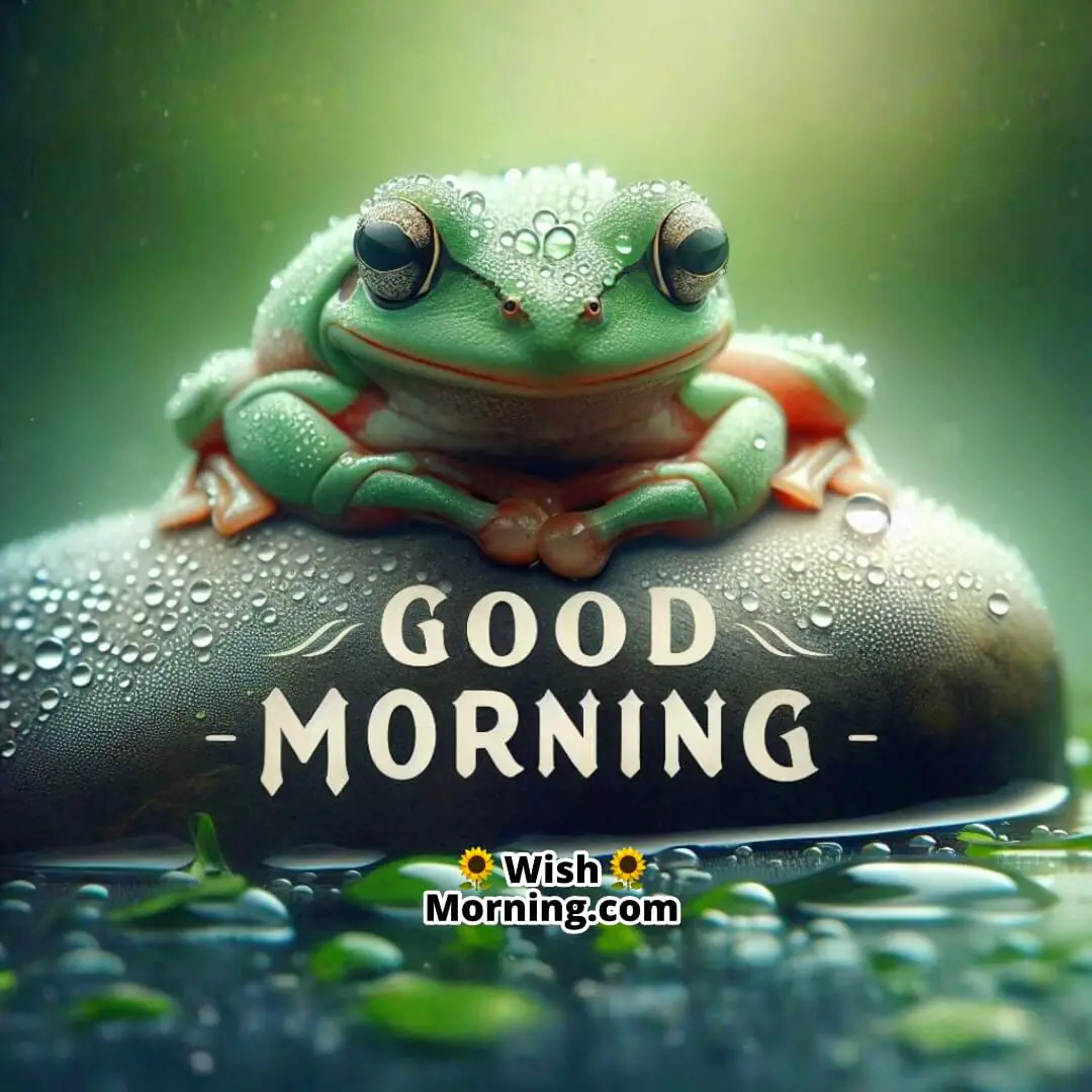 A frog on a dewy rock reflecting freshness and calmness of morning.