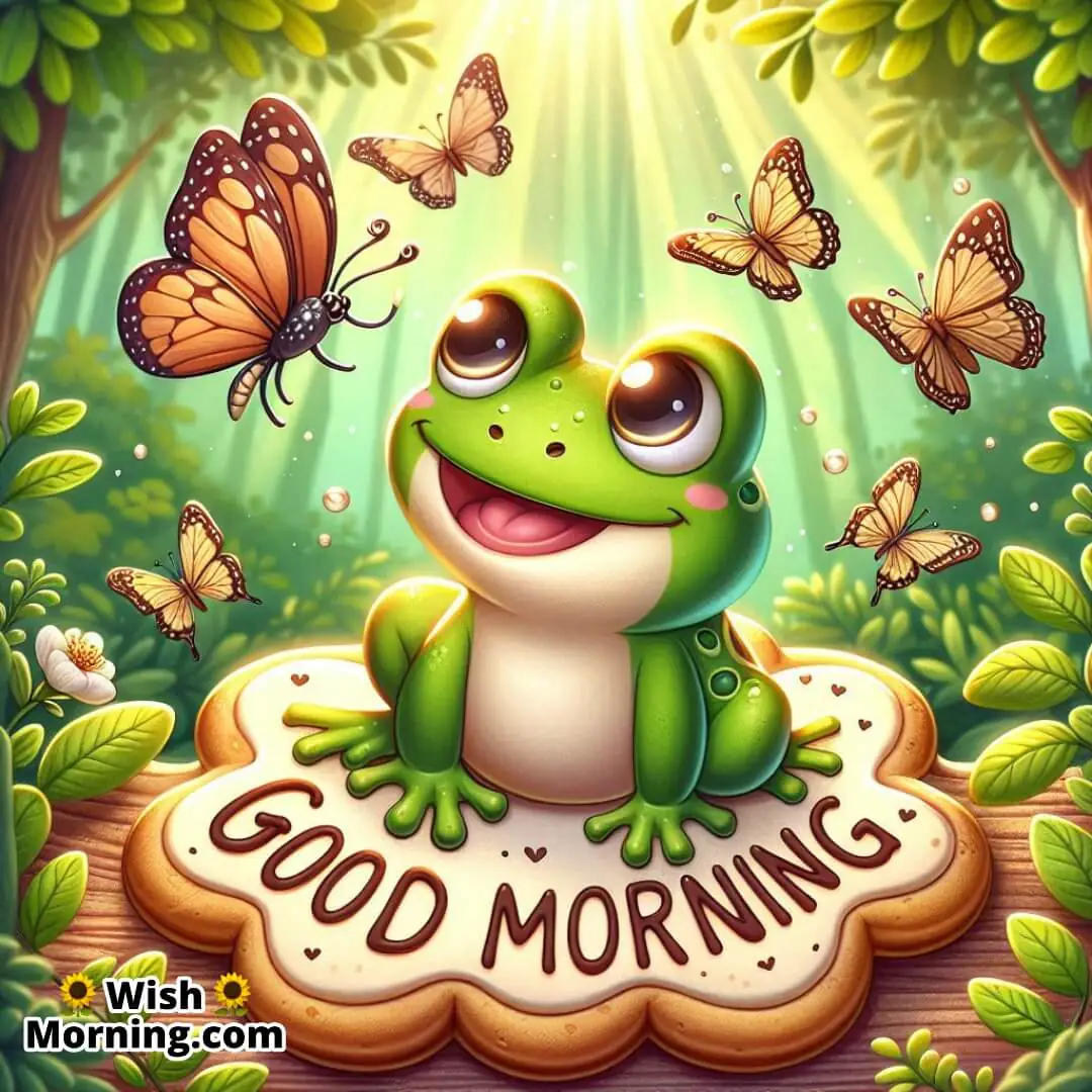 A happy frog watching butterflies dance in the morning sun.