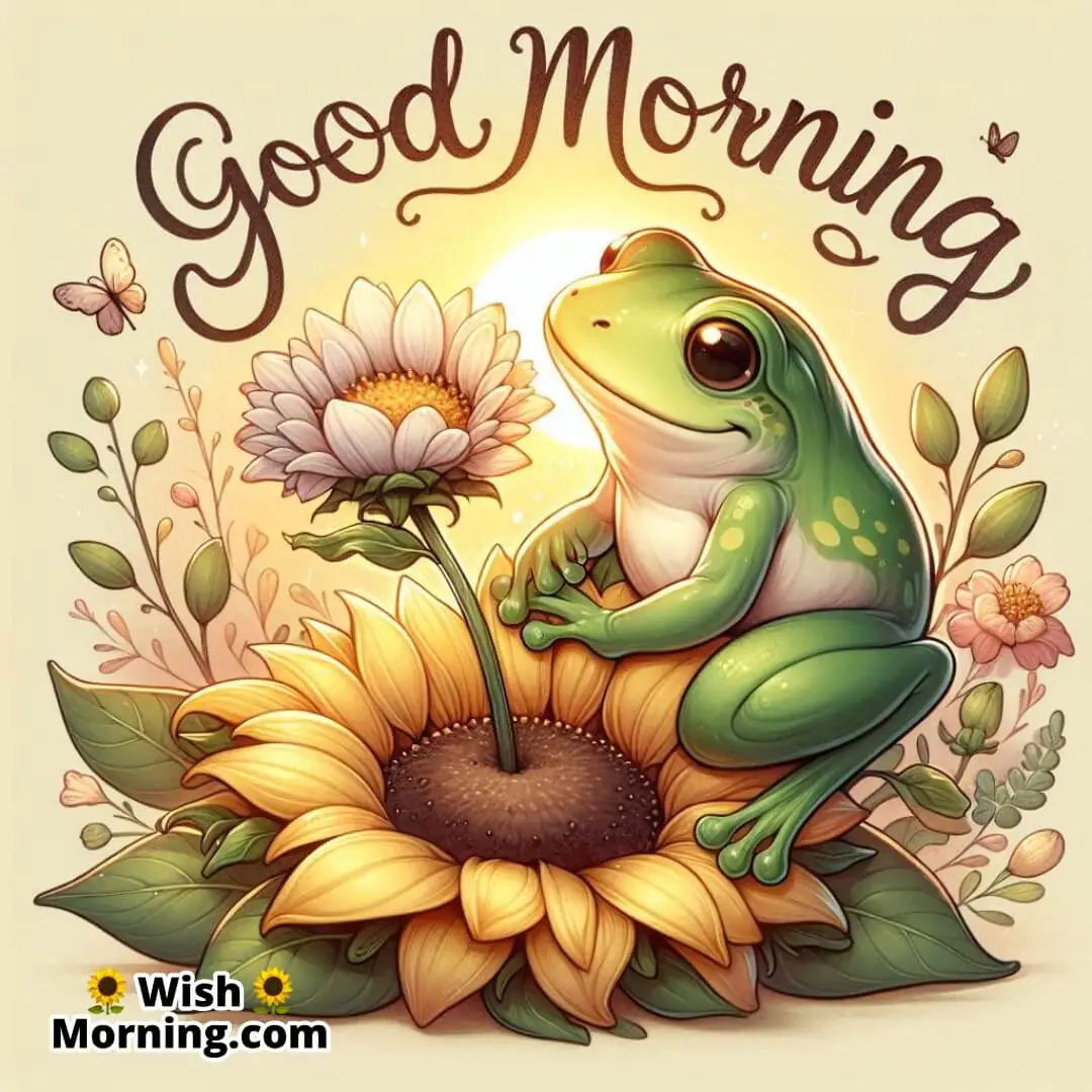 A happy frog with a fresh flower welcoming a new day with charm.