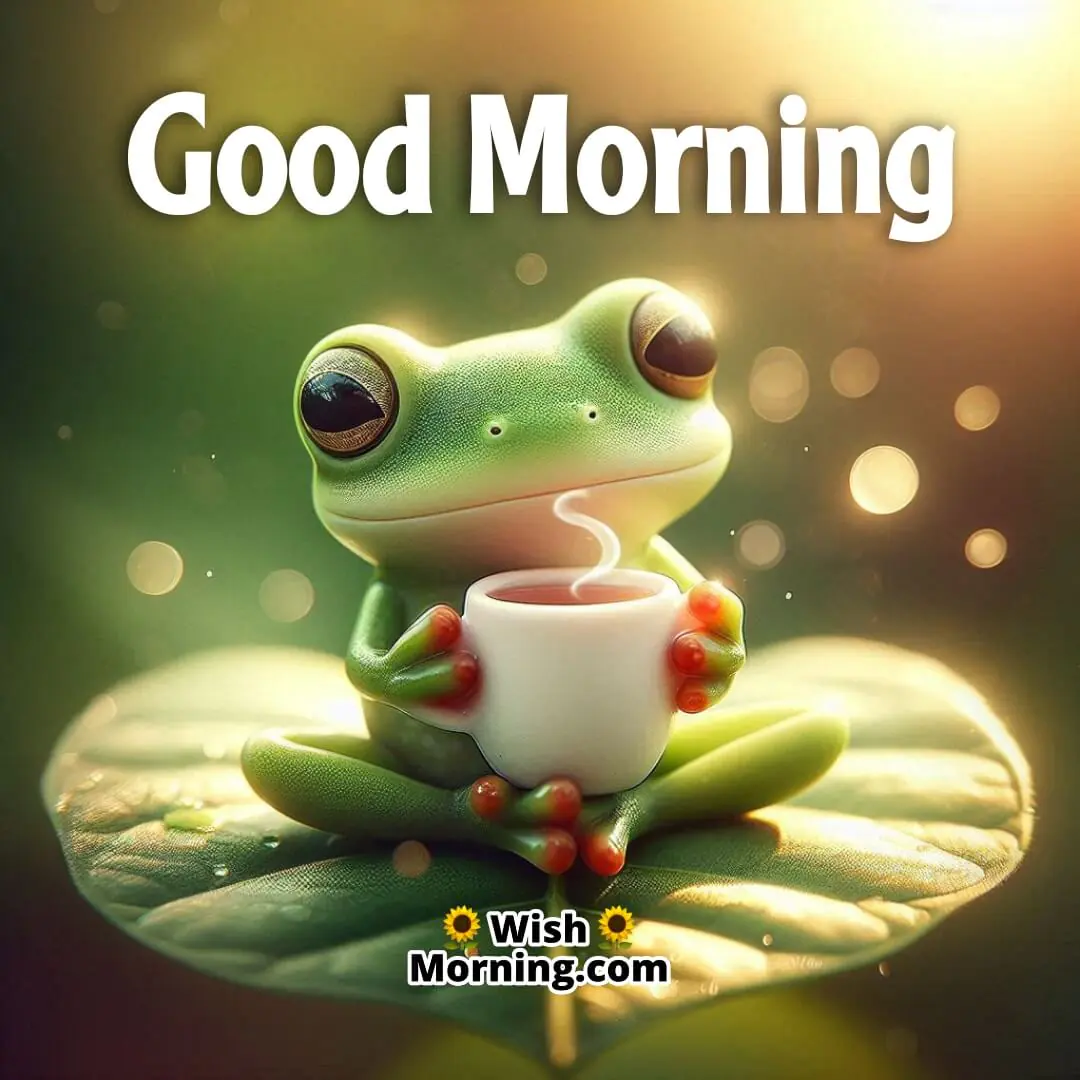 A cute frog peacefully enjoying tea to start a cheerful morning.