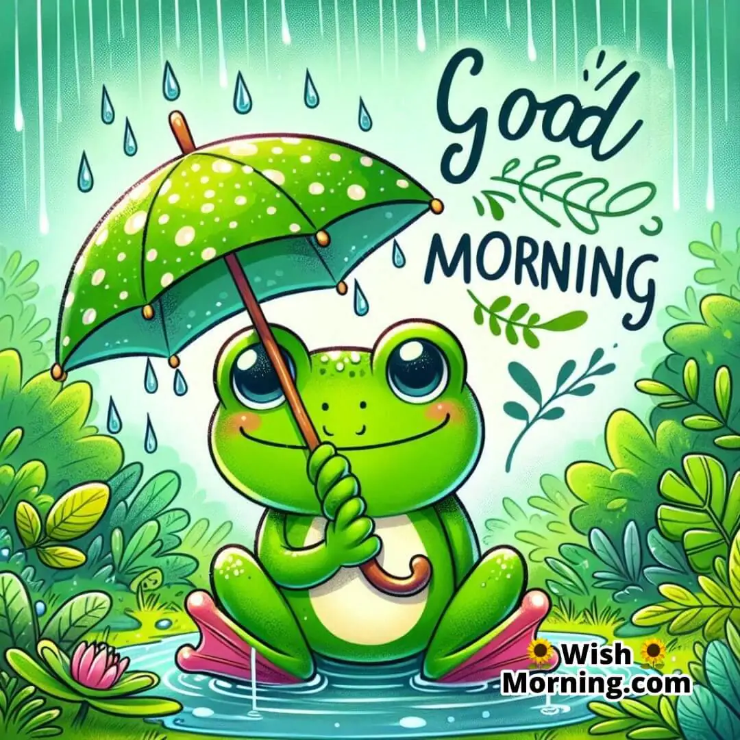 A playful frog enjoying a rainy morning under a colorful umbrella.