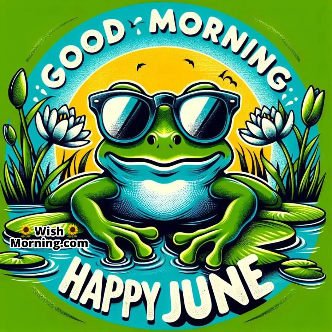 Good Morning Happy June shown in a cute cartoon frog enjoying the sunny pond.