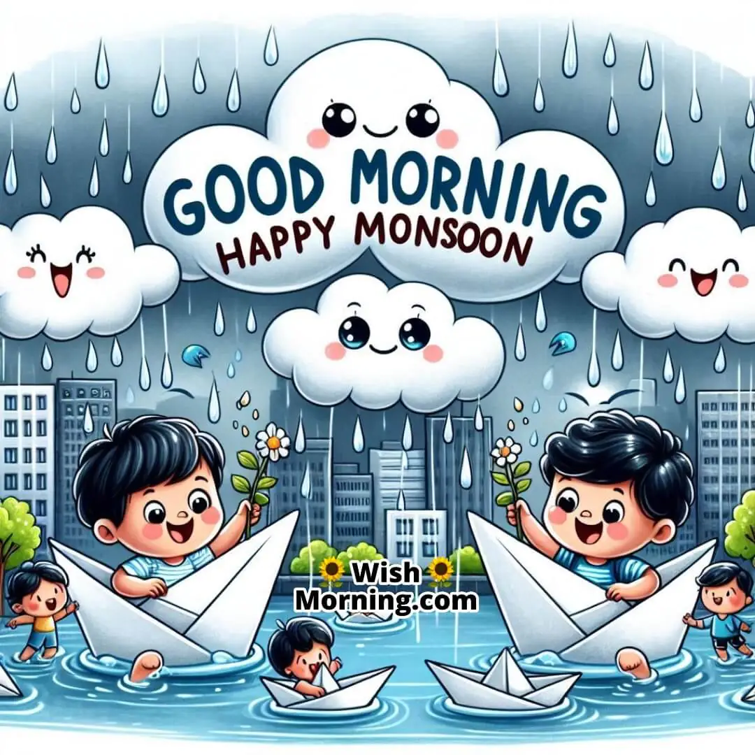 Good Morning Happy Monsoon captured with cartoon clouds and kids playing joyfully in the rain.
