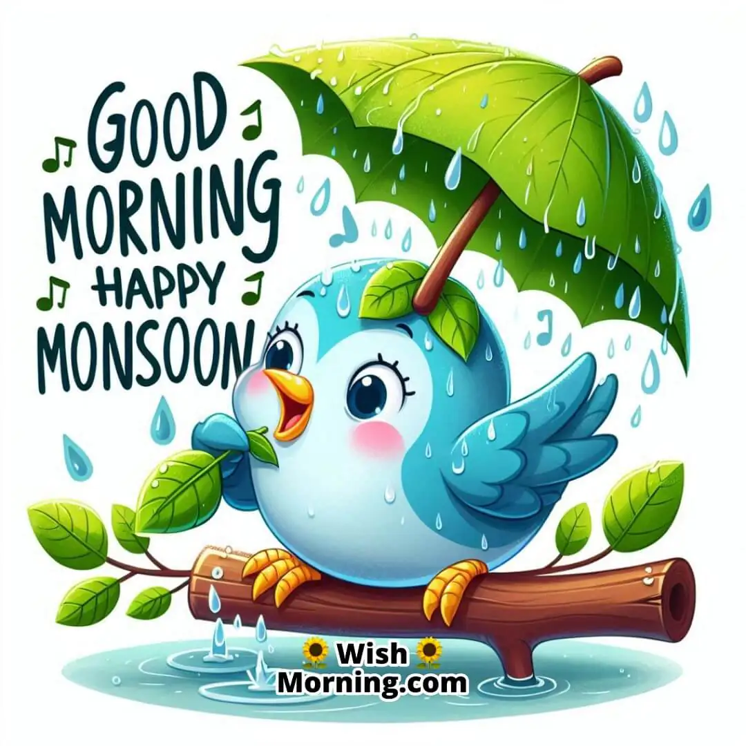 Good Morning Happy Monsoon portrayed with a chirping cartoon bird holding a leaf during rainfall.
