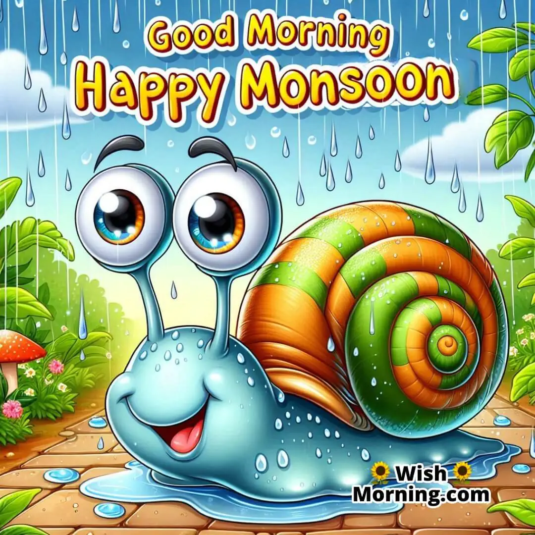 Good Morning Happy Monsoon illustrated with a cheerful cartoon snail on a rainy garden trail.