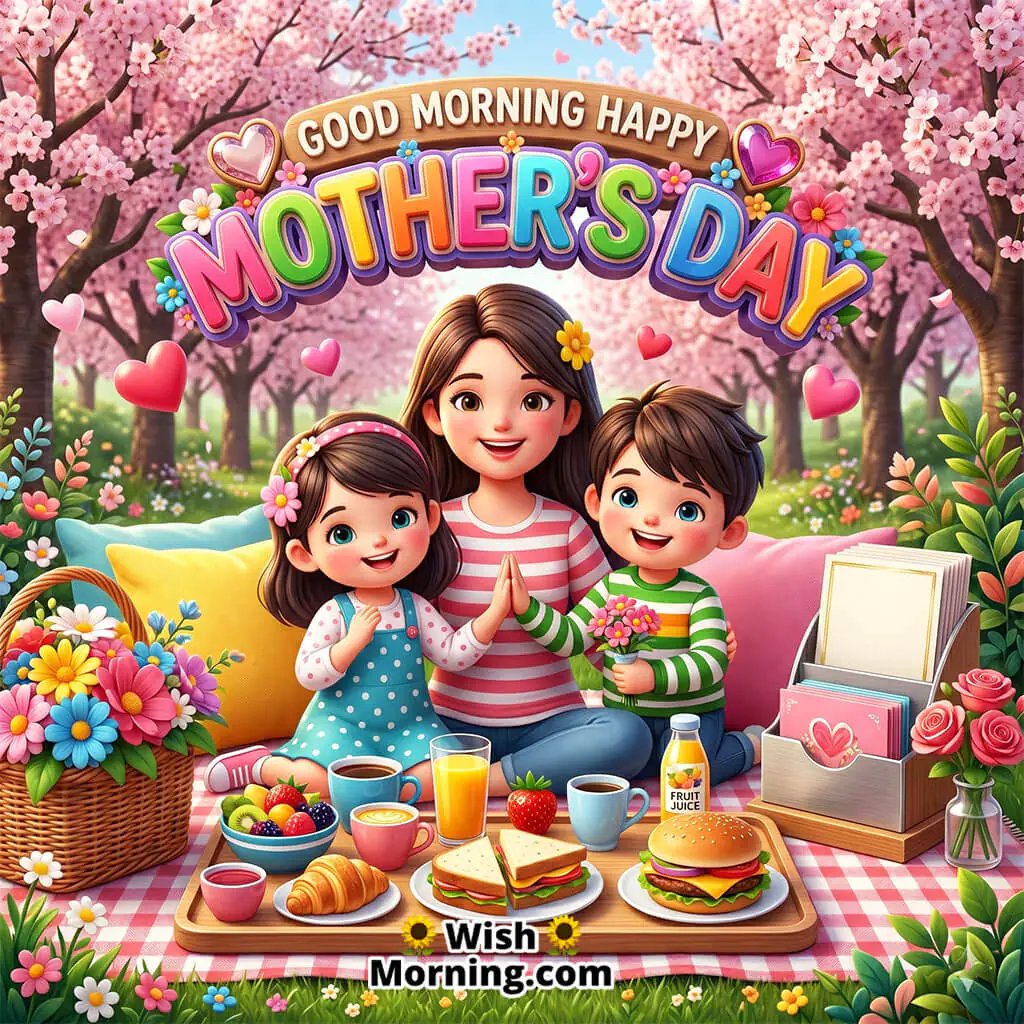 Good Morning Happy Mother’s Day Pic featuring a happy mother and children sitting on a picnic mat surrounded by flowers, rainbow, and spring garden elements symbolizing joy, warmth, and caring family bonds.