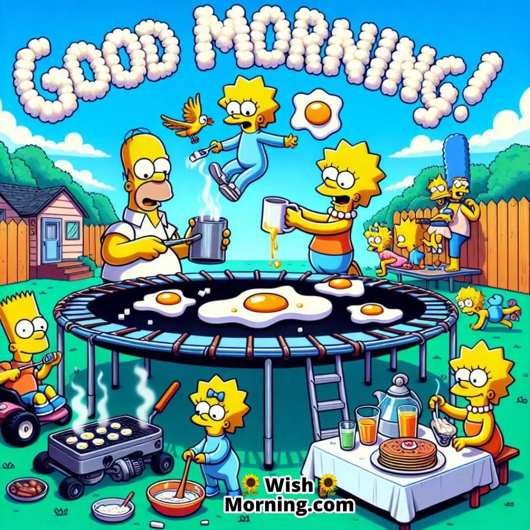Homer and the kids having a wild and funny breakfast outdoors on a sunny morning.