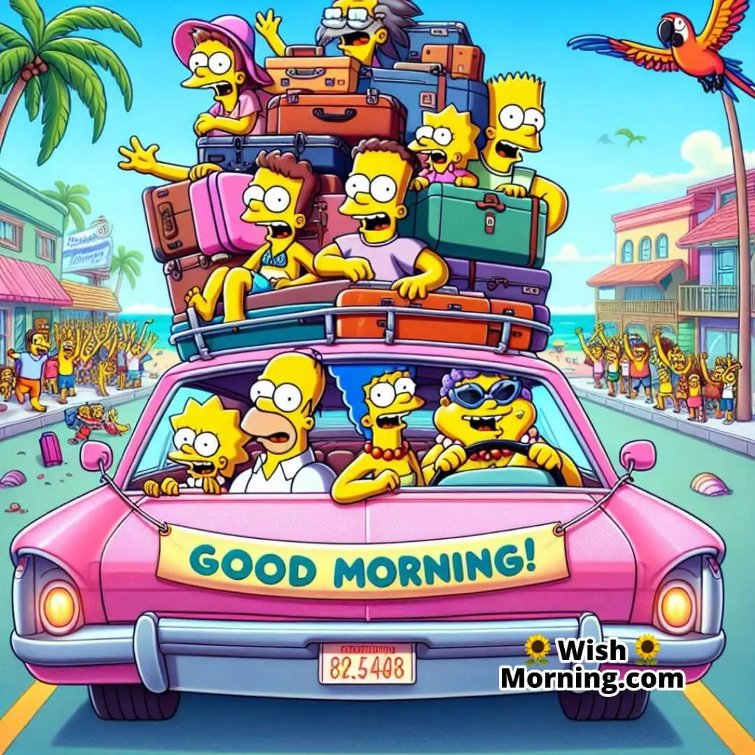 The Simpsons heading out for a chaotic and fun-filled family vacation morning.