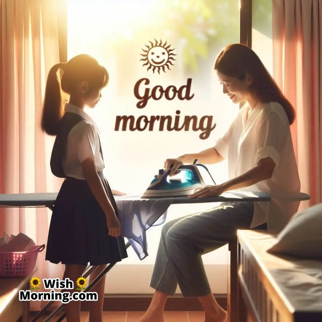 Good Morning Image Of Mother Ironing Uniform