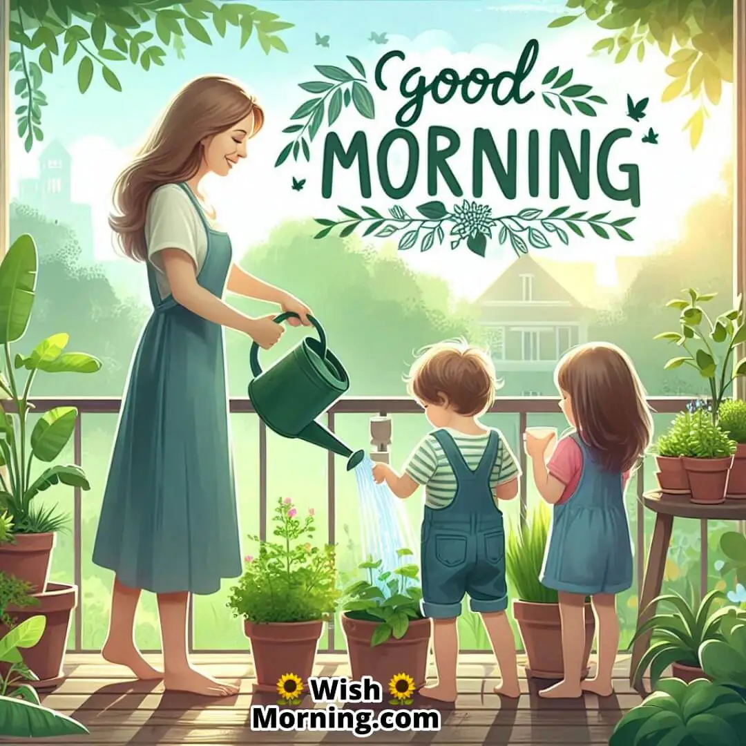 Good Morning Image Of Mother Watering Plants
