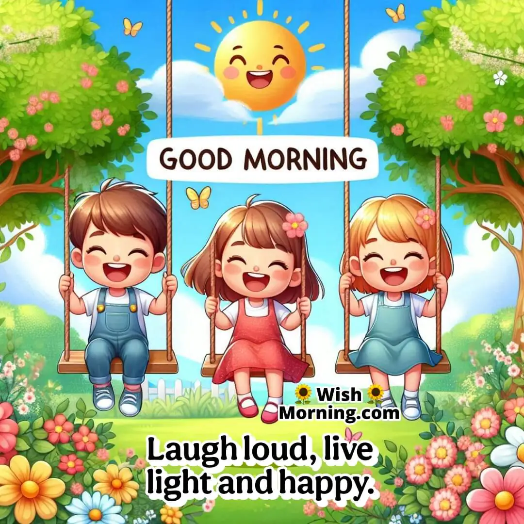 Children swinging and laughing under spring sunlight.