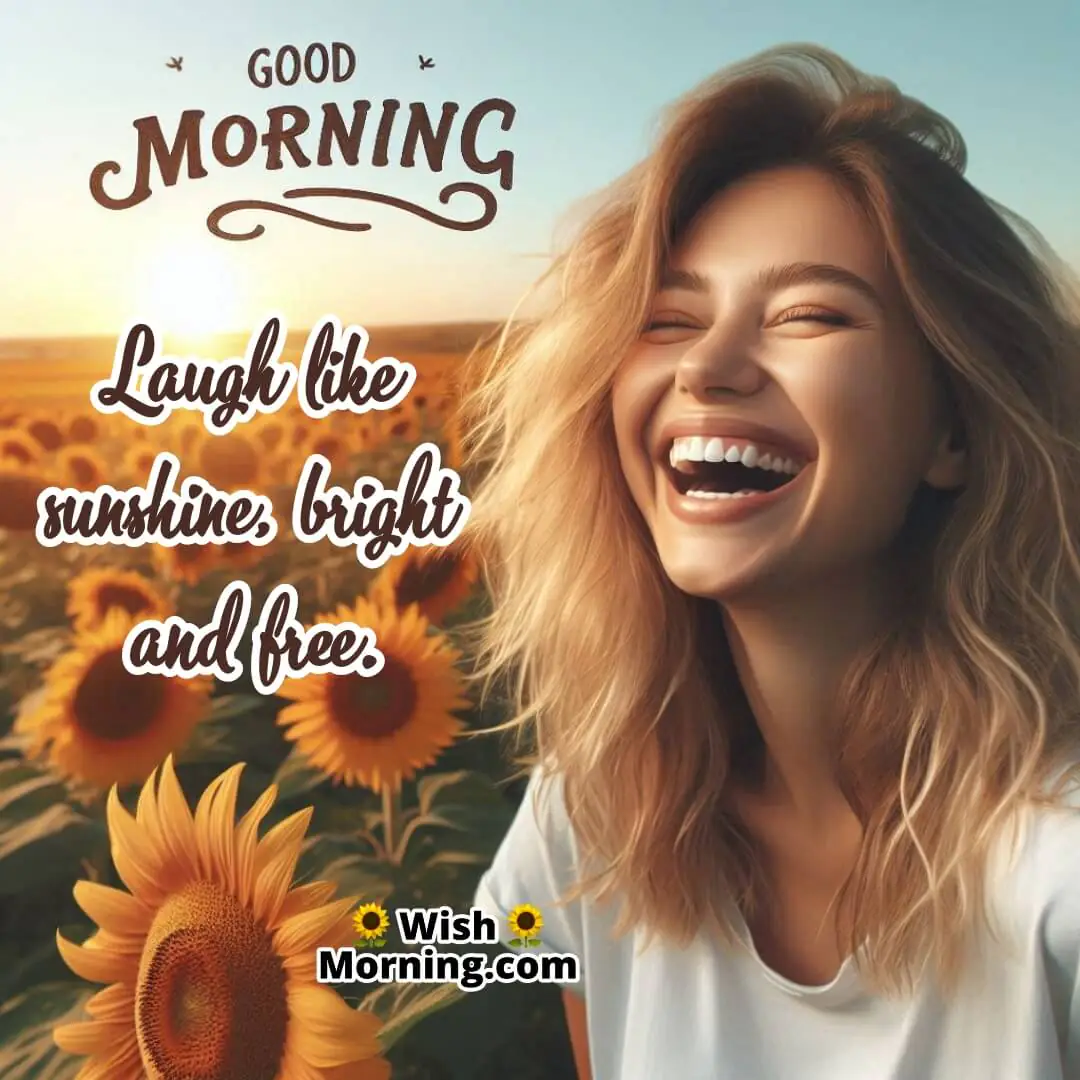 Joyful woman laughing in a sunny flower field, symbolizing a cheerful morning.