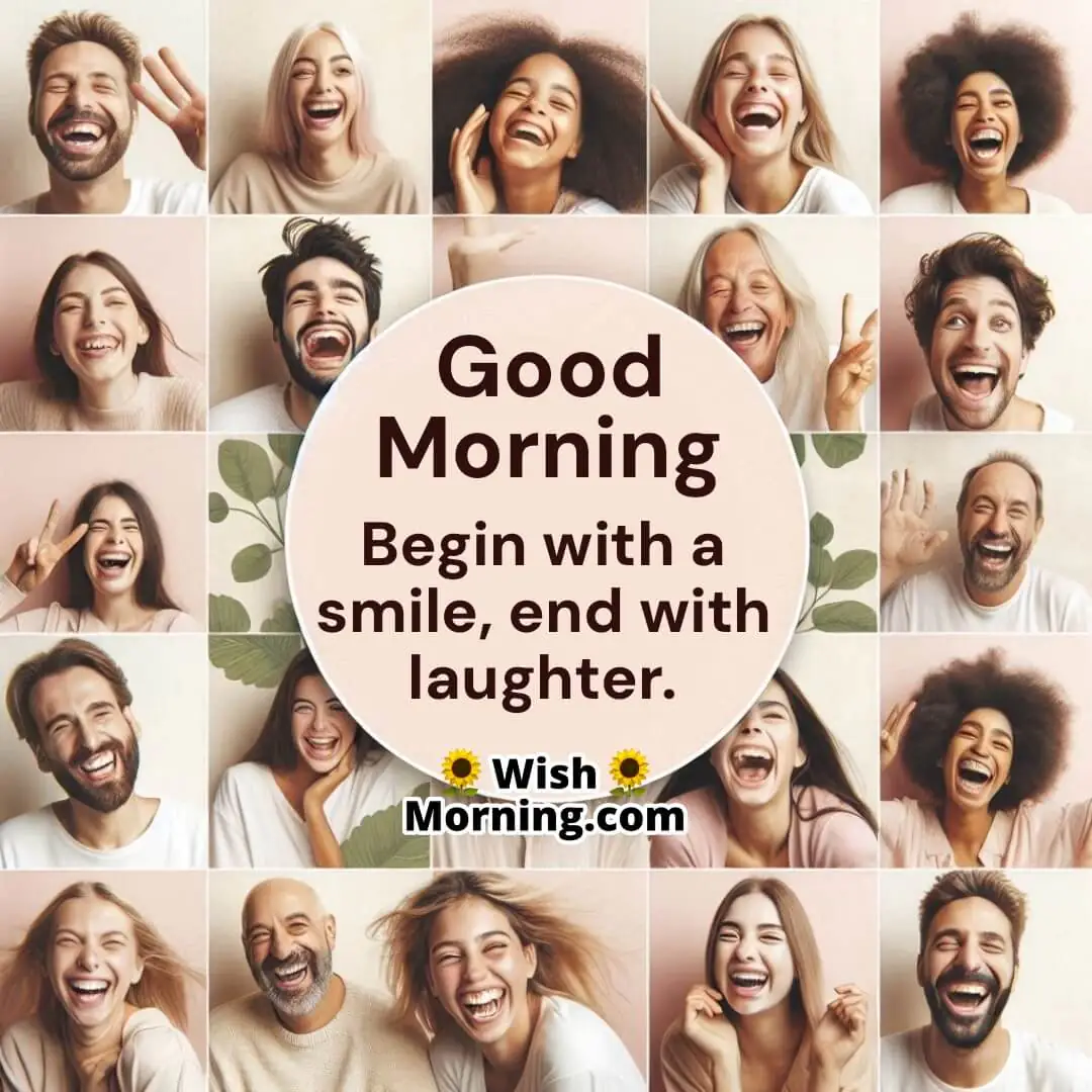 Collage of smiling and laughing people in a joyful morning mood.
