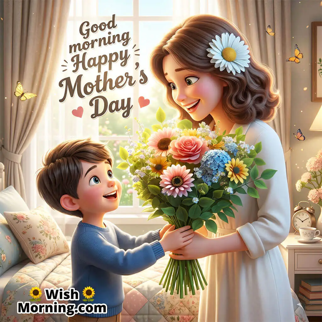 Good Morning Mother’s Day Bouquet By Son featuring a loving son gifting a beautiful flower bouquet to his smiling mother in a cozy sunlit room symbolizing gratitude, affection, and heartfelt appreciation.