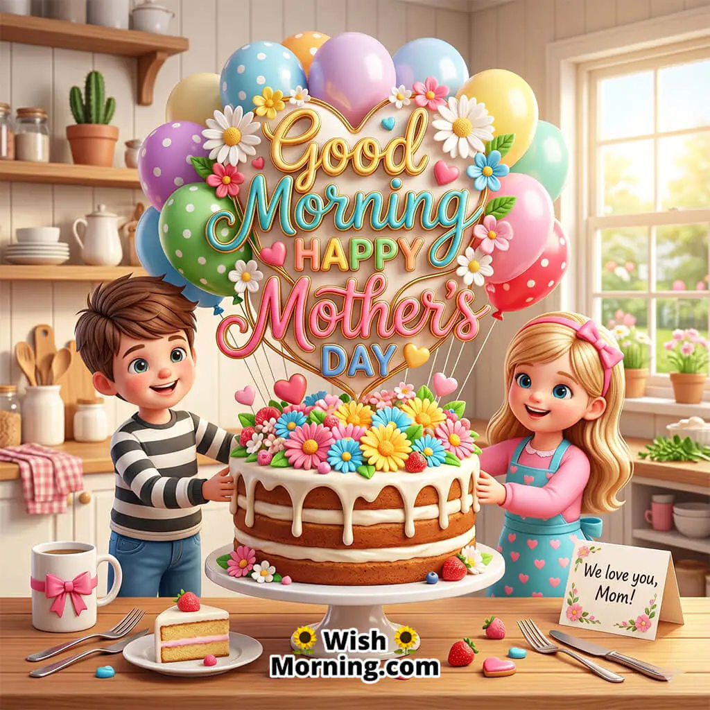 Good Morning Mother’s Day Cake Surprise Image featuring cheerful children beside a decorated floral cake with colorful balloons in a bright kitchen symbolizing celebration, happiness, and sweet family love.