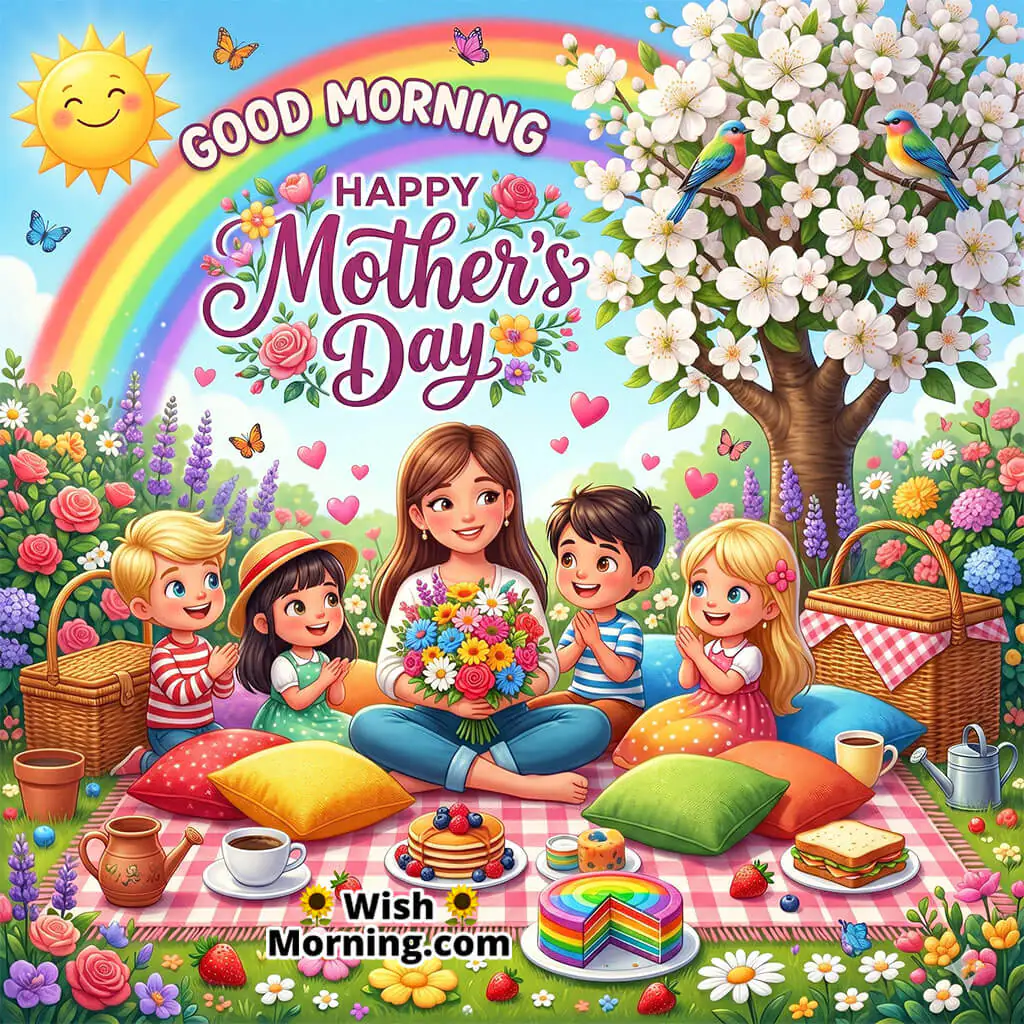 Good Morning Mother’s Day Picnic Scene featuring a smiling mother with two happy children enjoying a picnic breakfast under blooming pink trees symbolizing love, togetherness, and joyful family moments.
