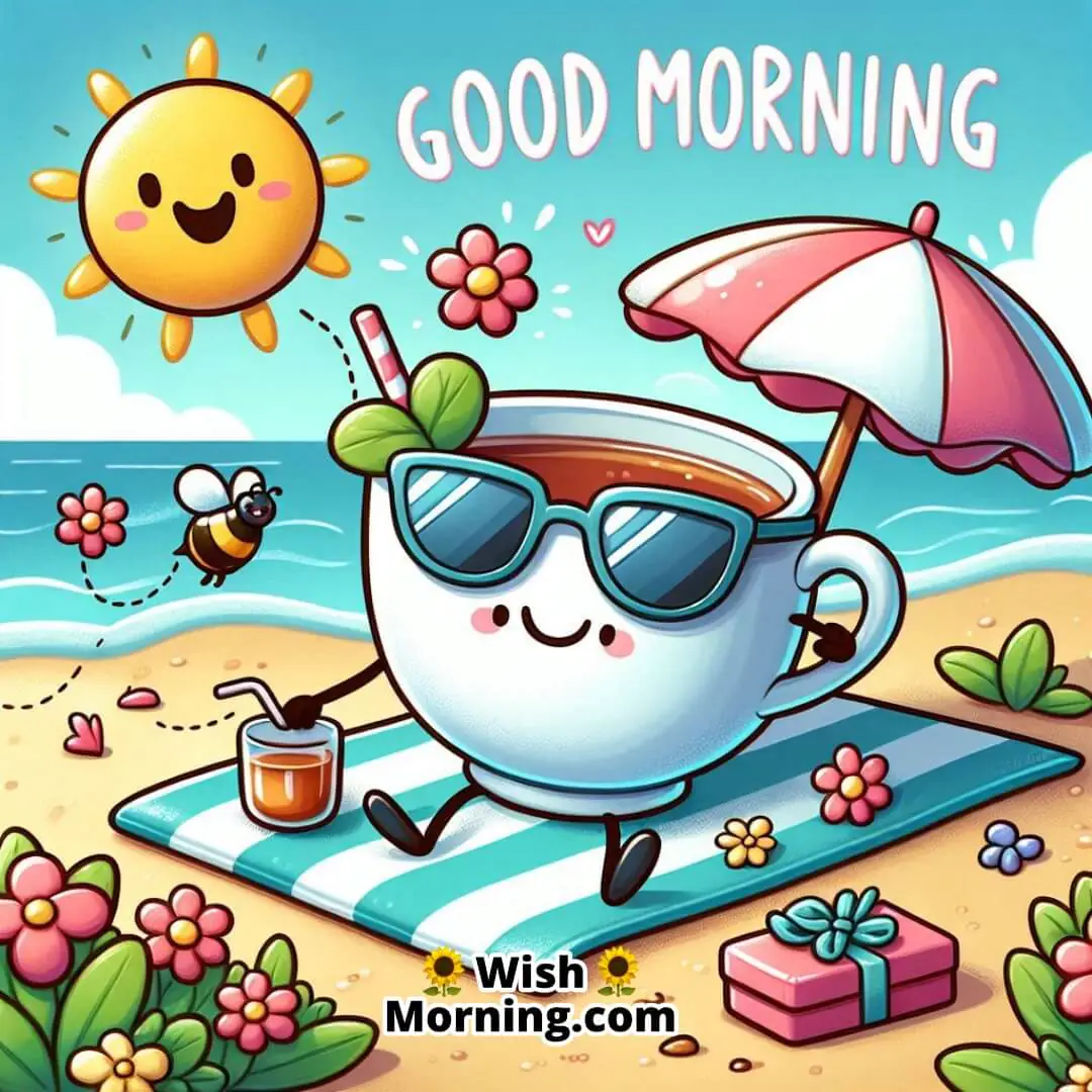 Good Morning Tea Cup With Flowers And Bee