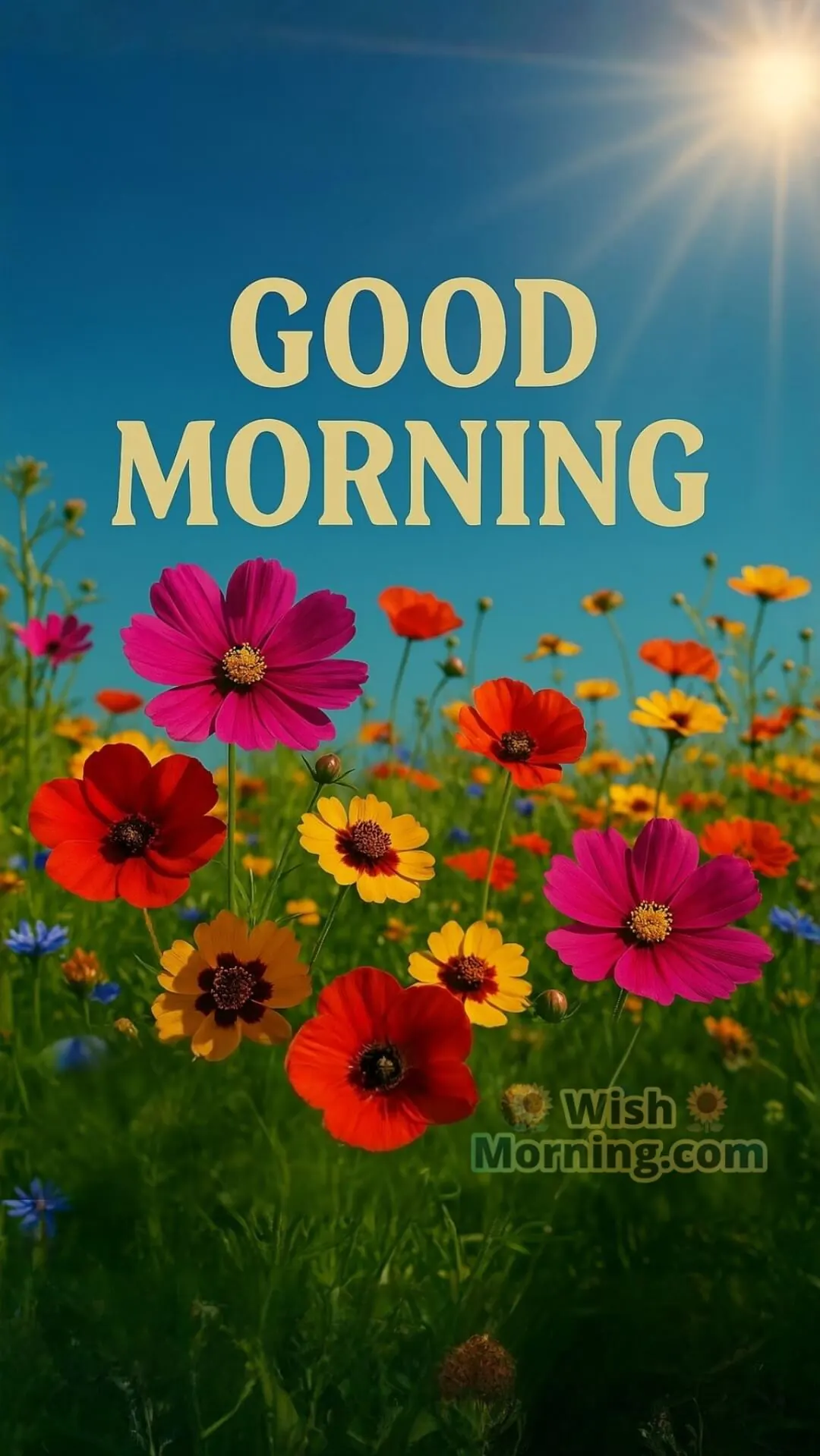 A meadow full of bold wildflowers in red, magenta, and yellow under a deep blue sky with sunrays and Good Morning text.