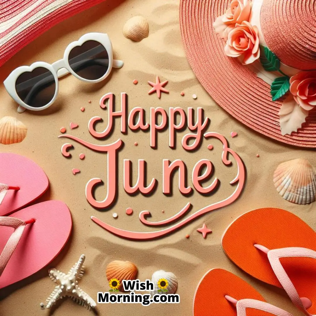 Happy June shown through a beach-ready flat-lay of sunny summer accessories.