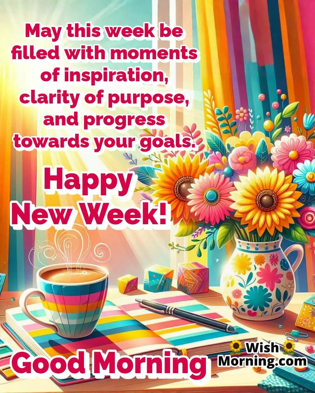 New Week image featuring a vibrant morning desk with fresh flowers and sunlight, symbolizing motivation, clarity, and energetic beginnings.