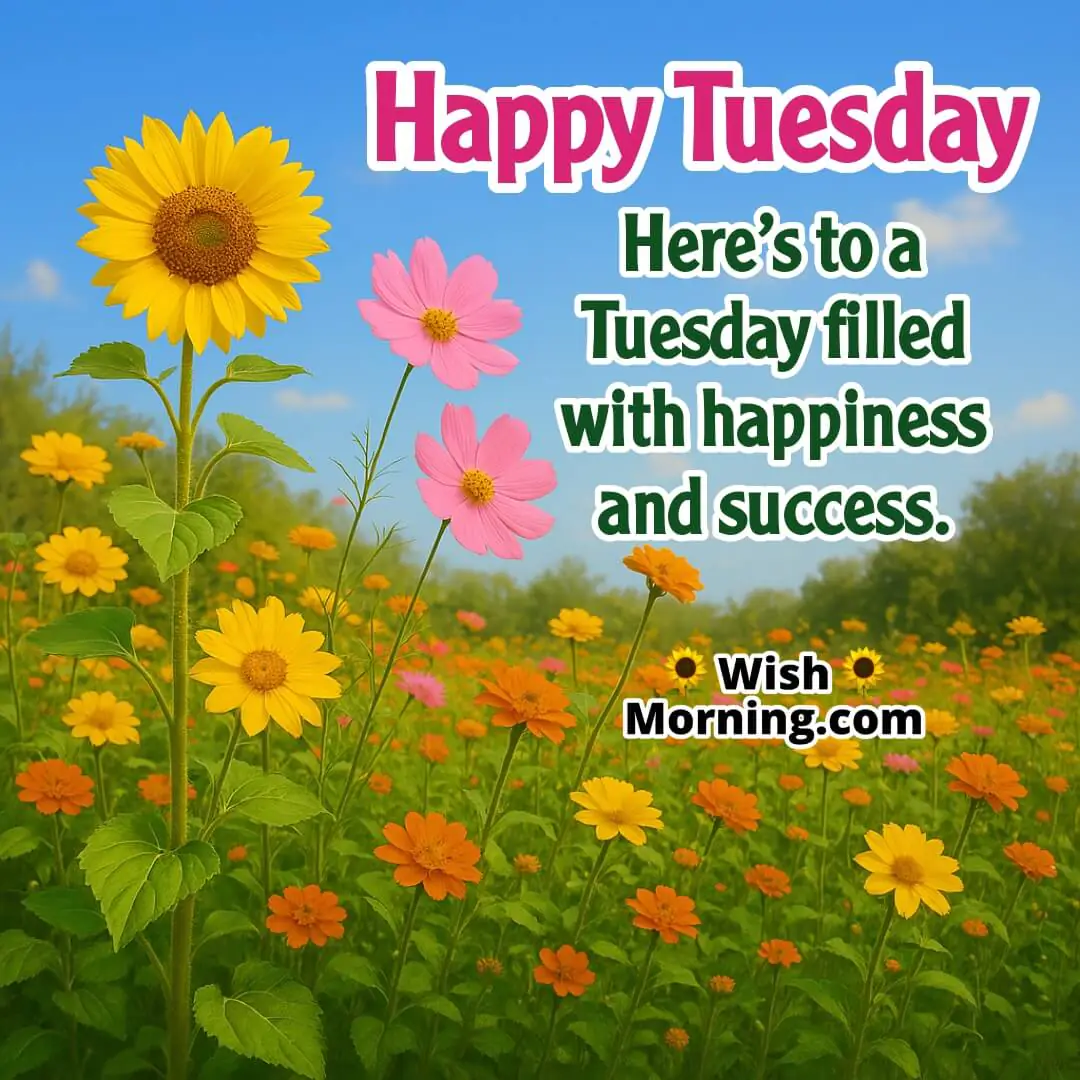 Happy Successful Tuesday Message featuring a lively flower garden, symbolizing blooming happiness, success, and cheerful growth.