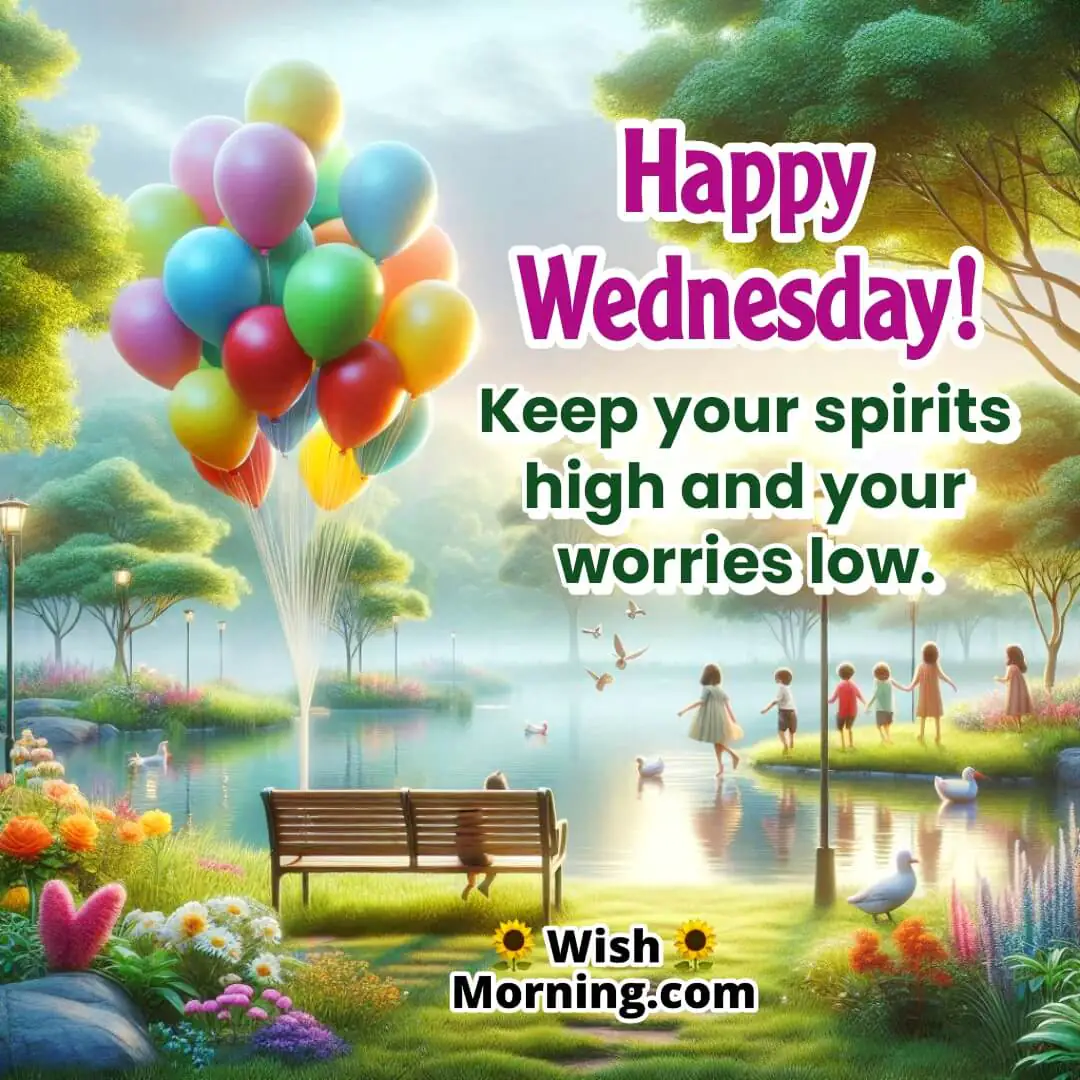 Happy Wednesday Message featuring a joyful park with balloons and children playing, symbolizing happiness, light spirits, and carefree moments on Wednesday.