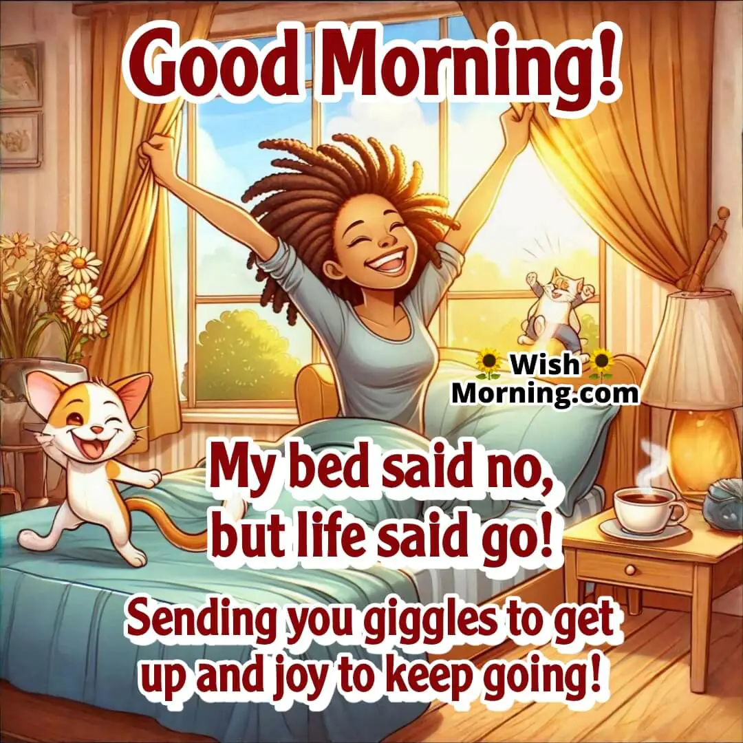 Good Morning happiness scene with joyful energy and playful wake-up vibes.