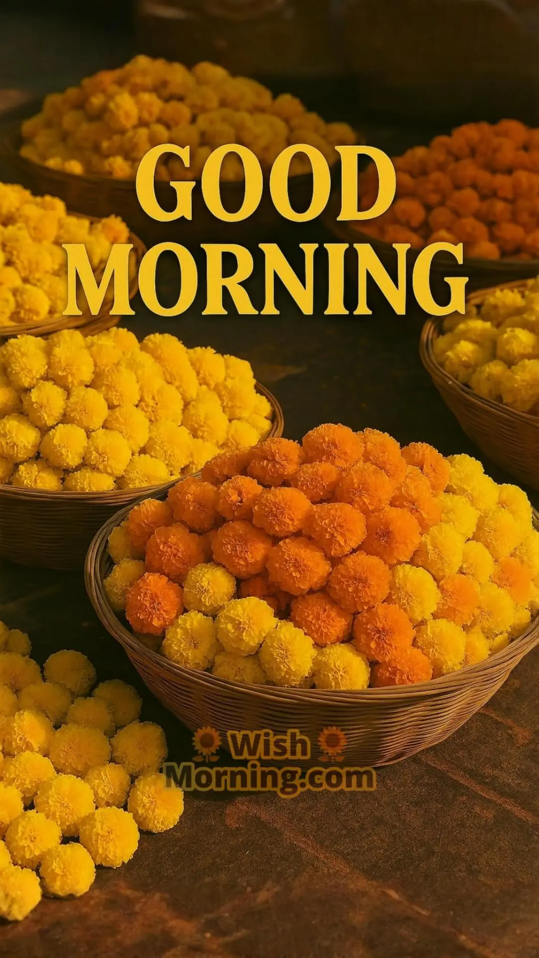 Baskets of orange and yellow marigold flowers at an Indian street market with bold traditional Good Morning text.