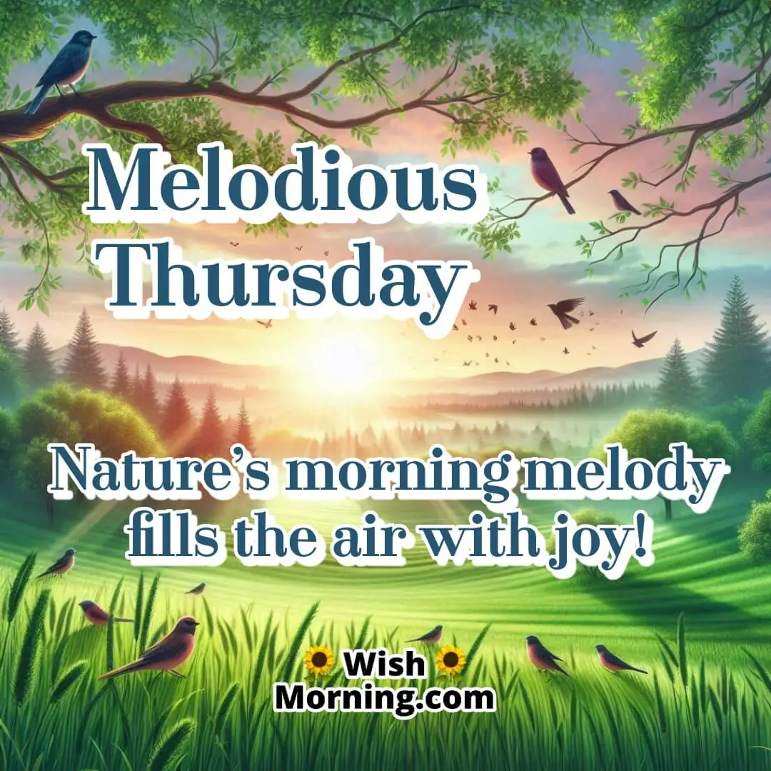 Birds singing in a meadow at sunrise on a Thursday, symbolizing a joyful and fresh start.
