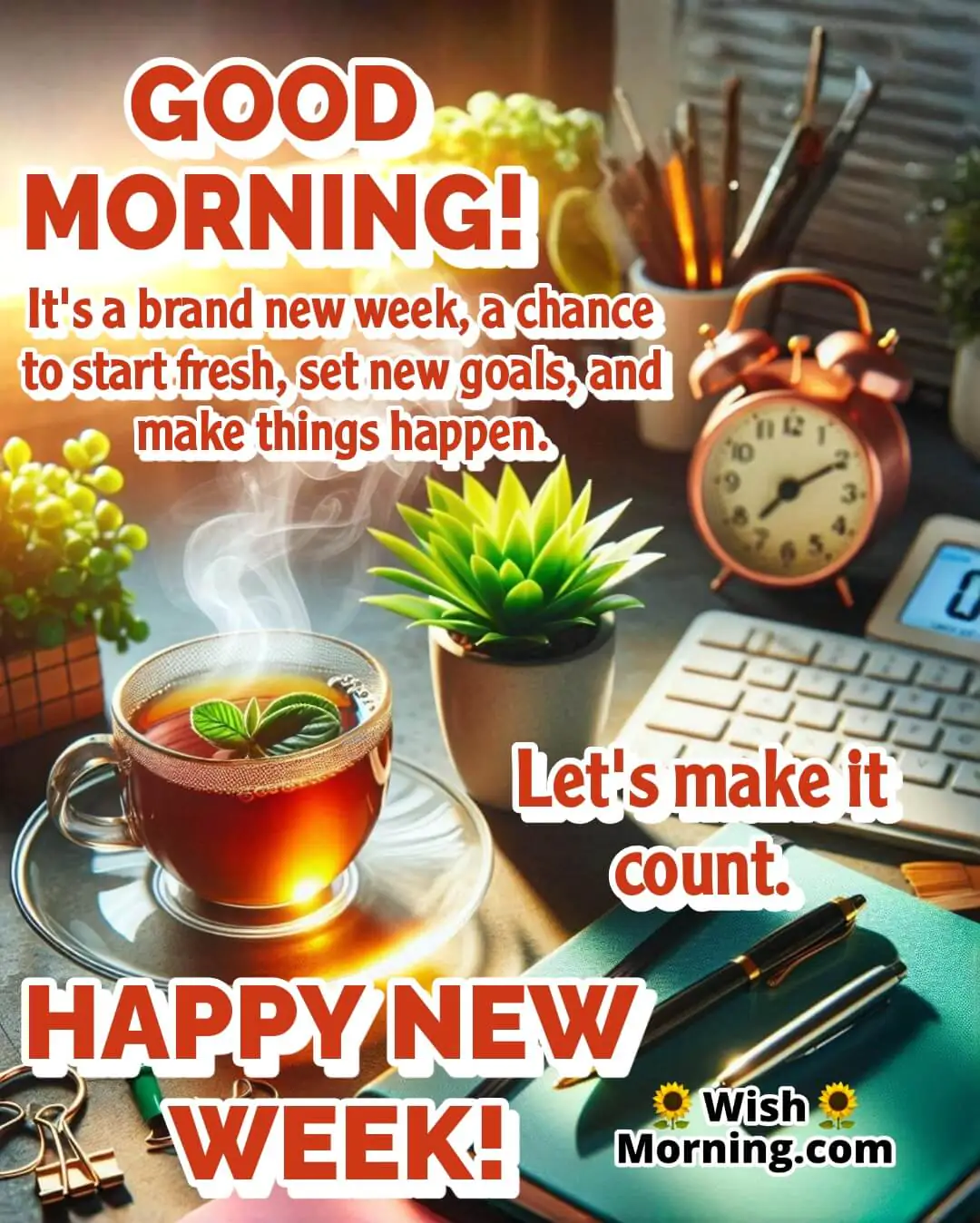 New Week image with fresh planner and tea, symbolizing productivity and a new start.