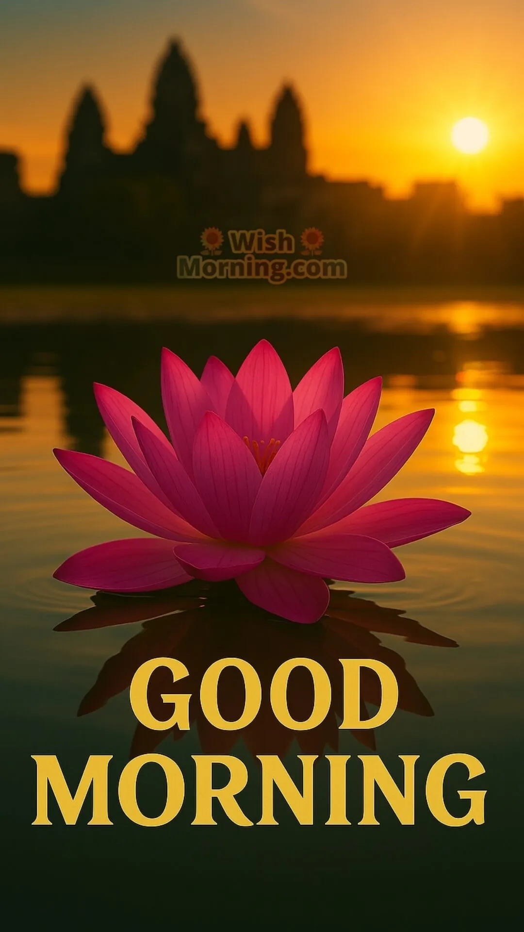 A pink lotus blooming on water with a blurred temple and sunrise reflection, featuring Good Morning text.