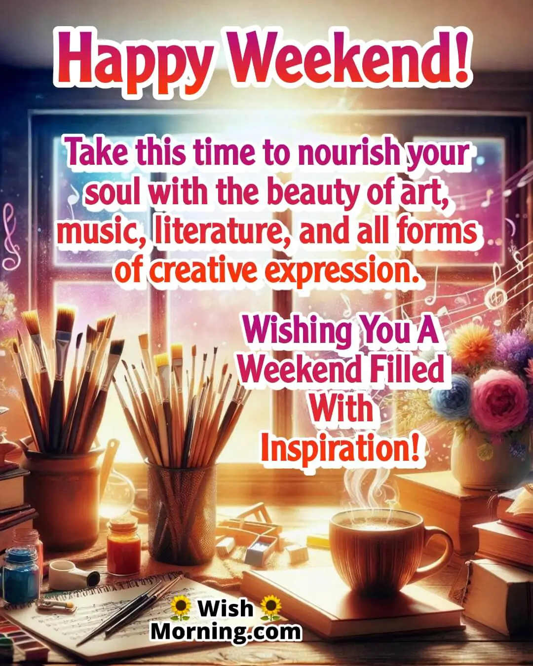 Weekend celebration of creativity with books, paint, and music in a sunny room.