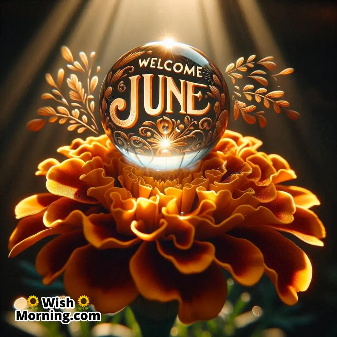 Welcome June shown with a glistening dewdrop on a blooming marigold in morning light.