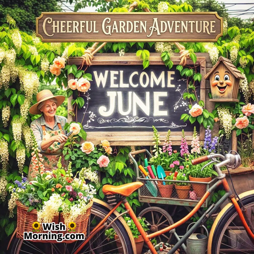 Welcome June shown with a quiet jasmine-covered fence and a resting vintage bicycle.