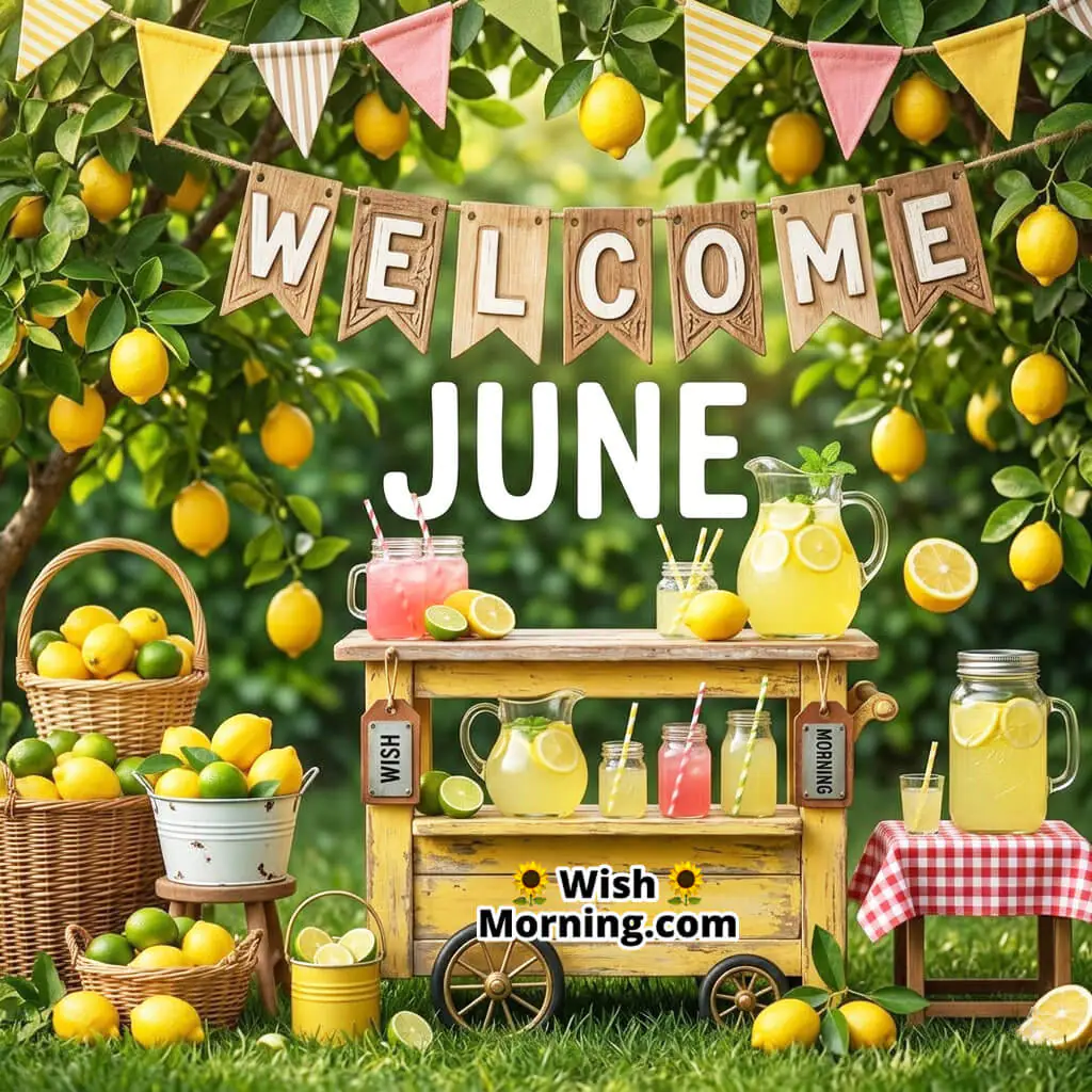 Welcome June shown with a joyful cartoon lemonade stand in summer colors.