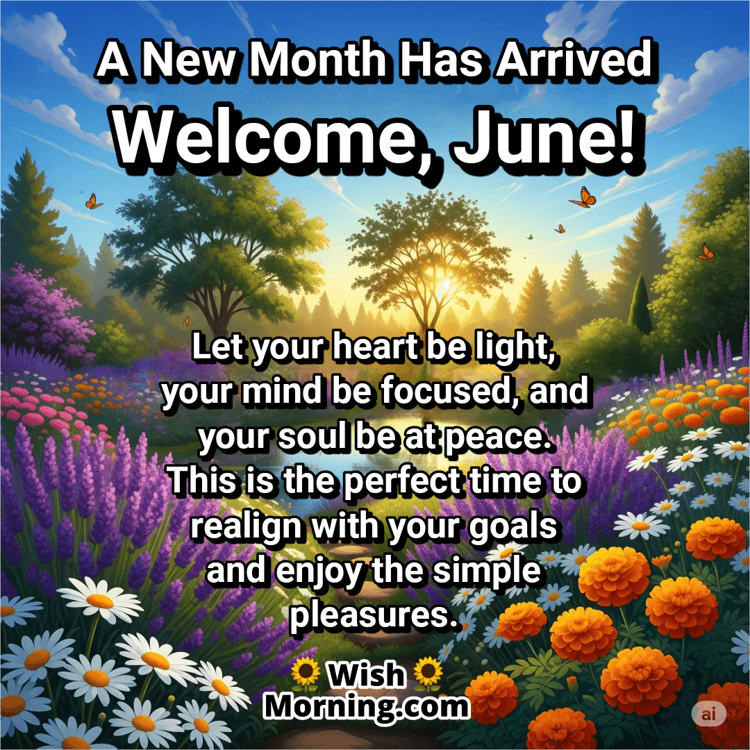 Welcome June message with flowers, sunlight, and calm surroundings, symbolizing focus, peace, and fresh beginnings.