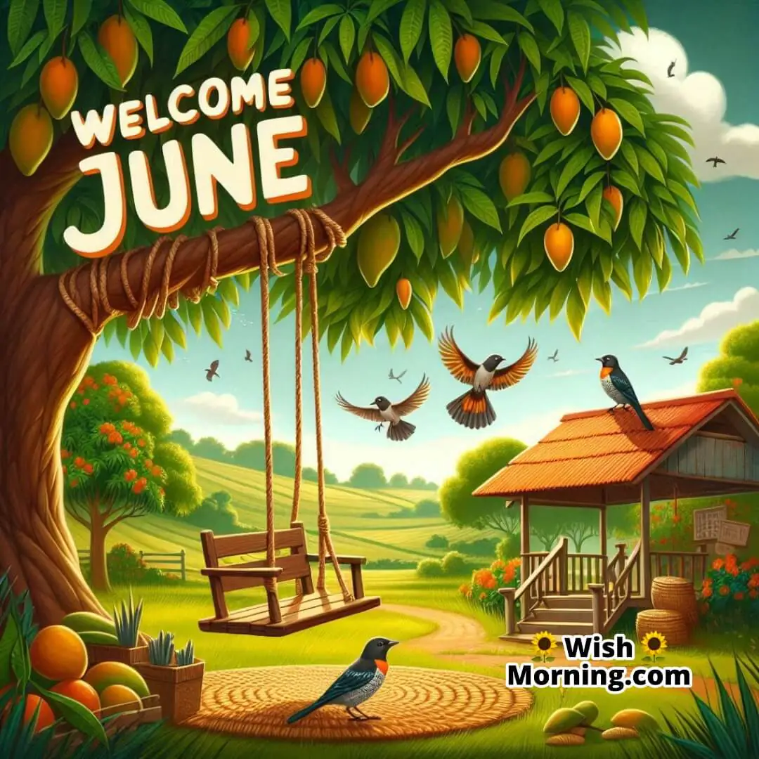 Welcome June shown with a cozy countryside swing scene surrounded by nature.