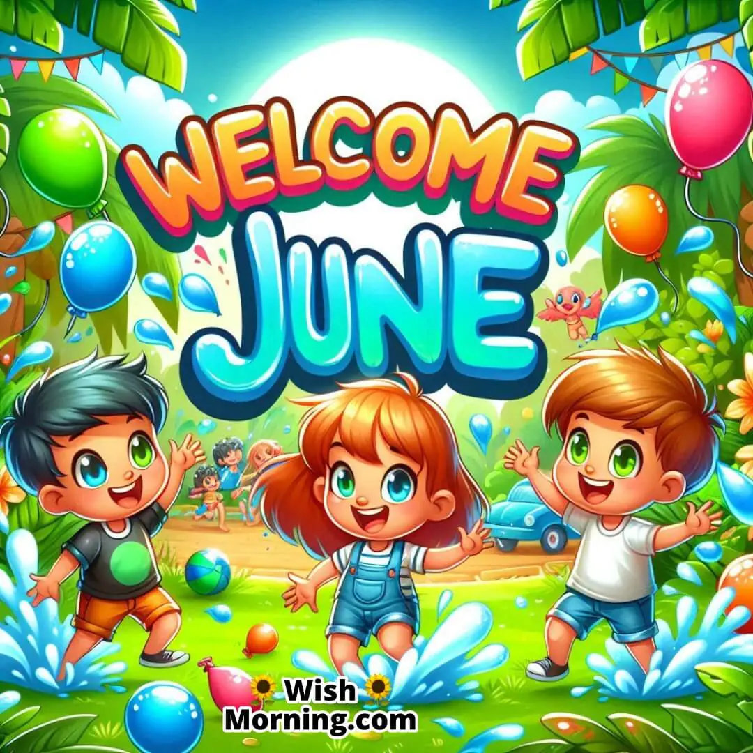 Welcome June shown with children joyfully playing with water balloons in a summer park.