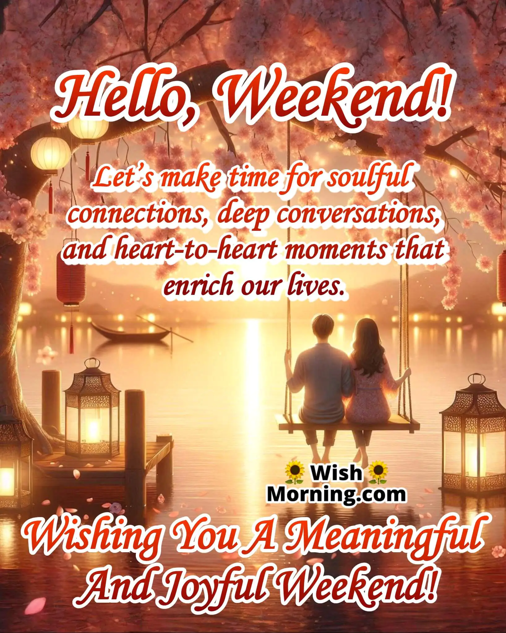 Weekend message showing soulful connection by a serene riverside with warm sunset hues.