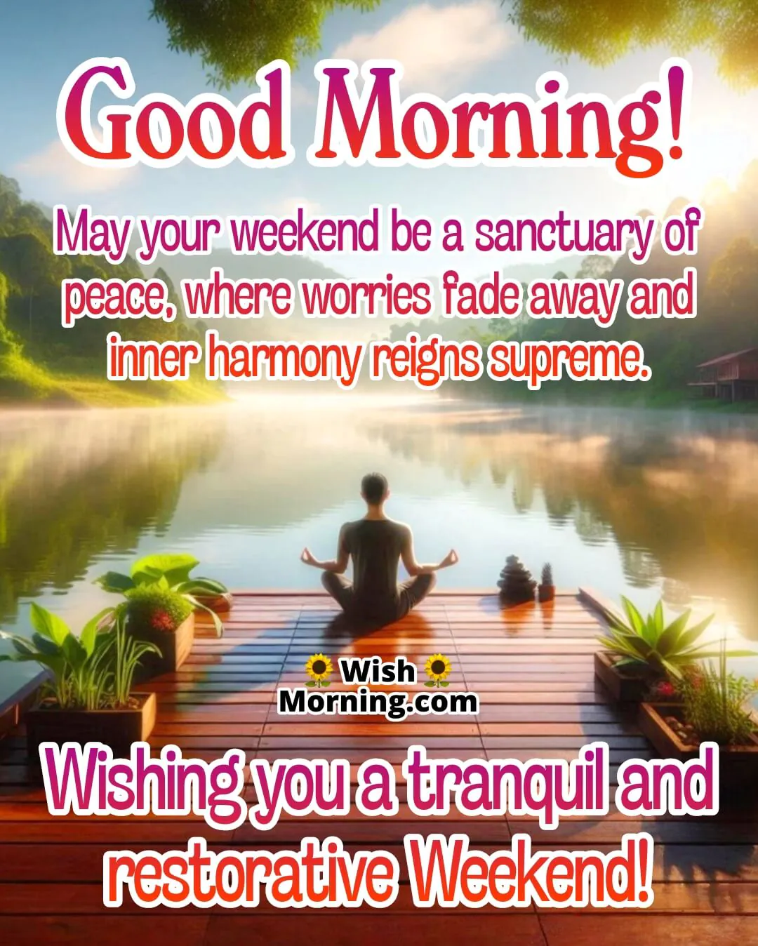 Weekend serenity with peaceful lakeside meditation under a calm morning sky.