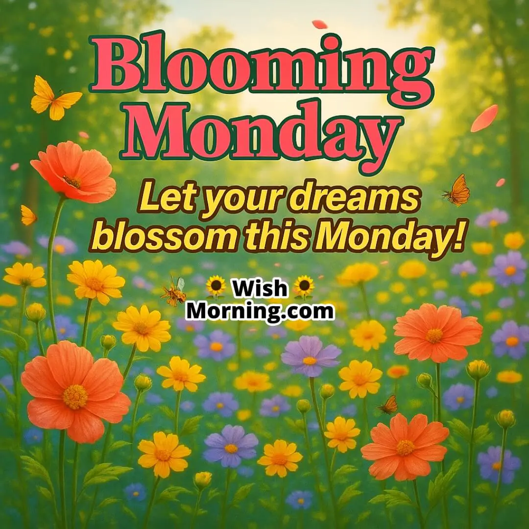 Blooming Monday morning garden with colorful flowers and sunlight symbolizing growth, hope, and the blossoming of dreams.