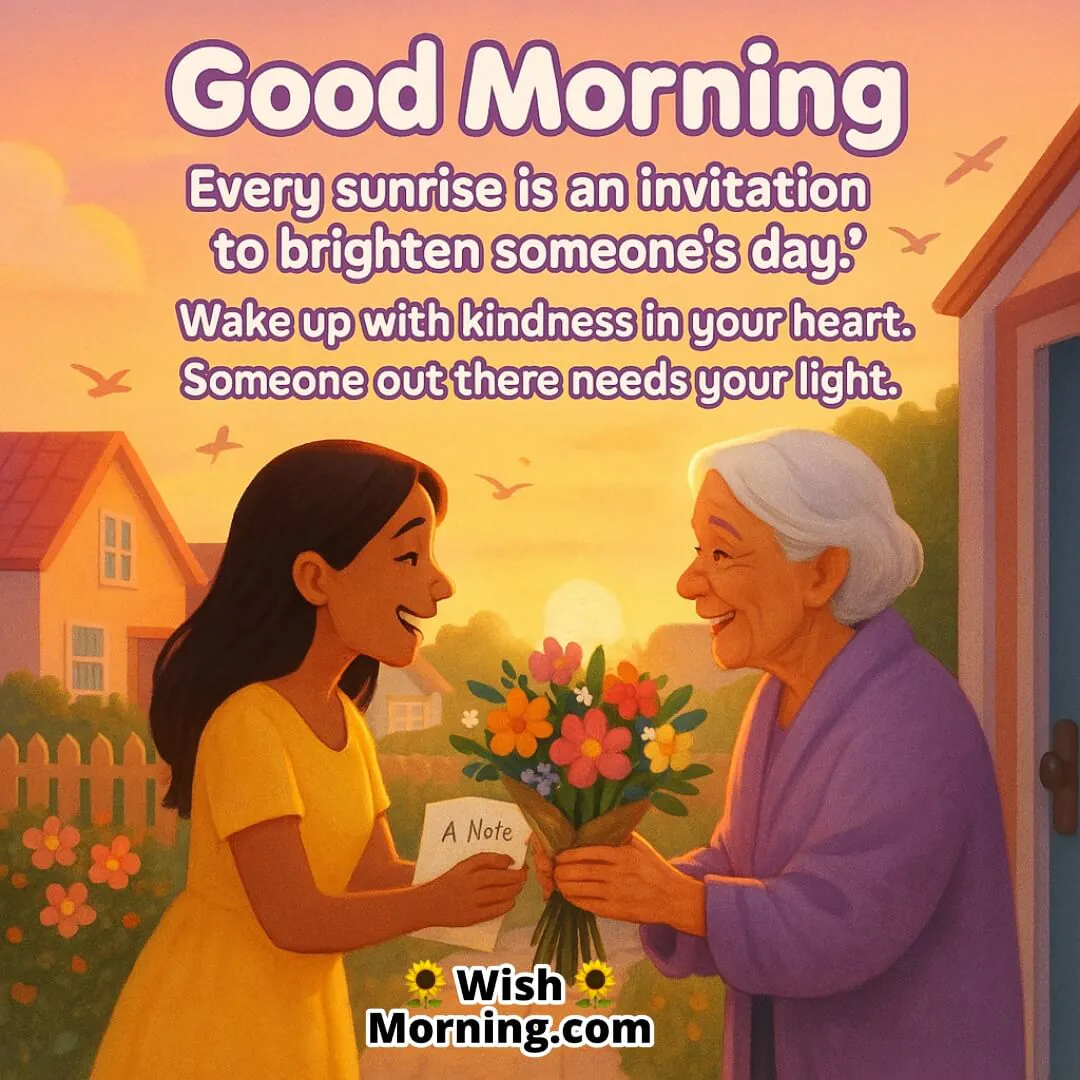 Good Morning with sunrise over kind neighborhood gesture symbolizing warmth and compassion.