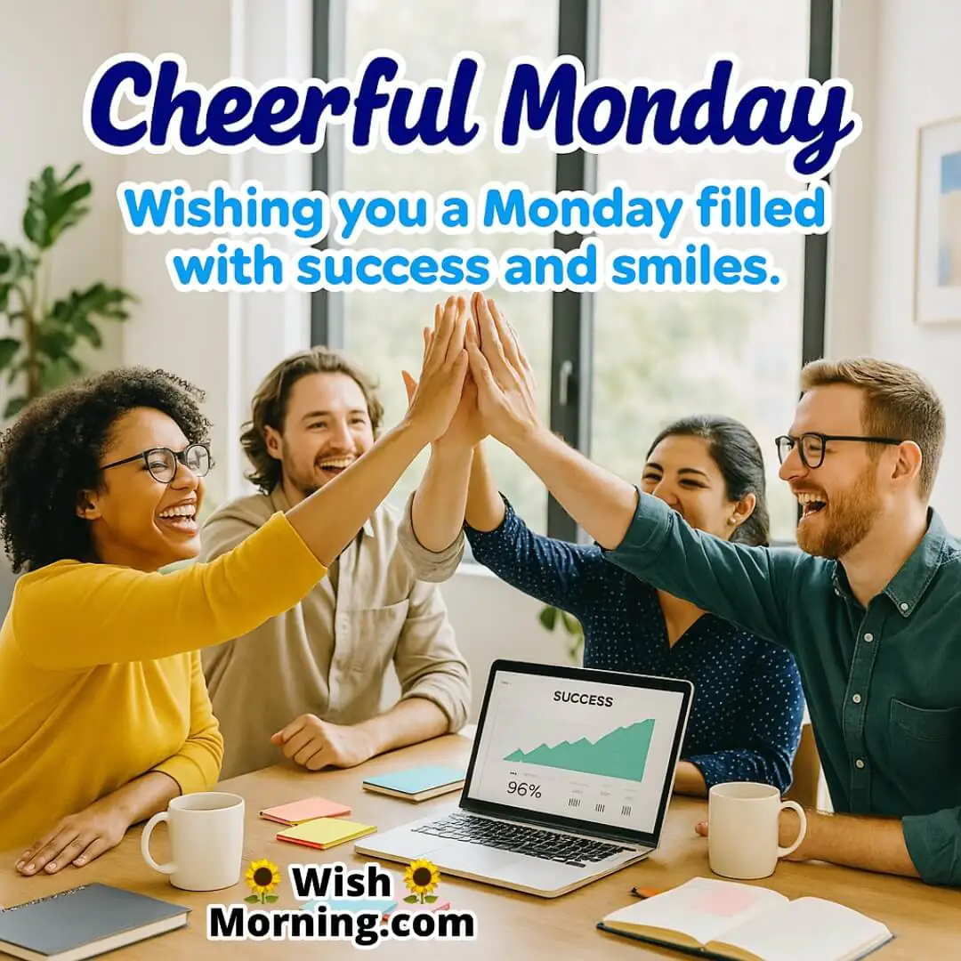 Cheerful Monday with happy team and workspace symbolizing joyful success and teamwork.