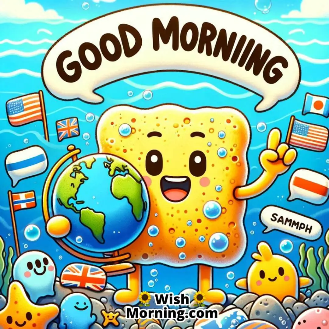 Good Morning SpongeBob image featuring — A globally themed ocean setting symbolizing unity, joy, and worldwide friendship.