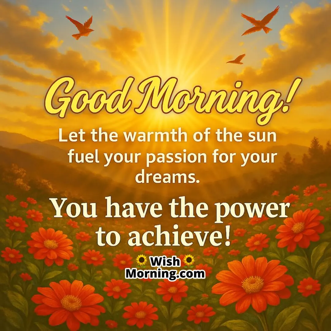 Good Morning with a radiant sunrise lighting up nature, symbolizing energy, inner strength, and passion to achieve big dreams.