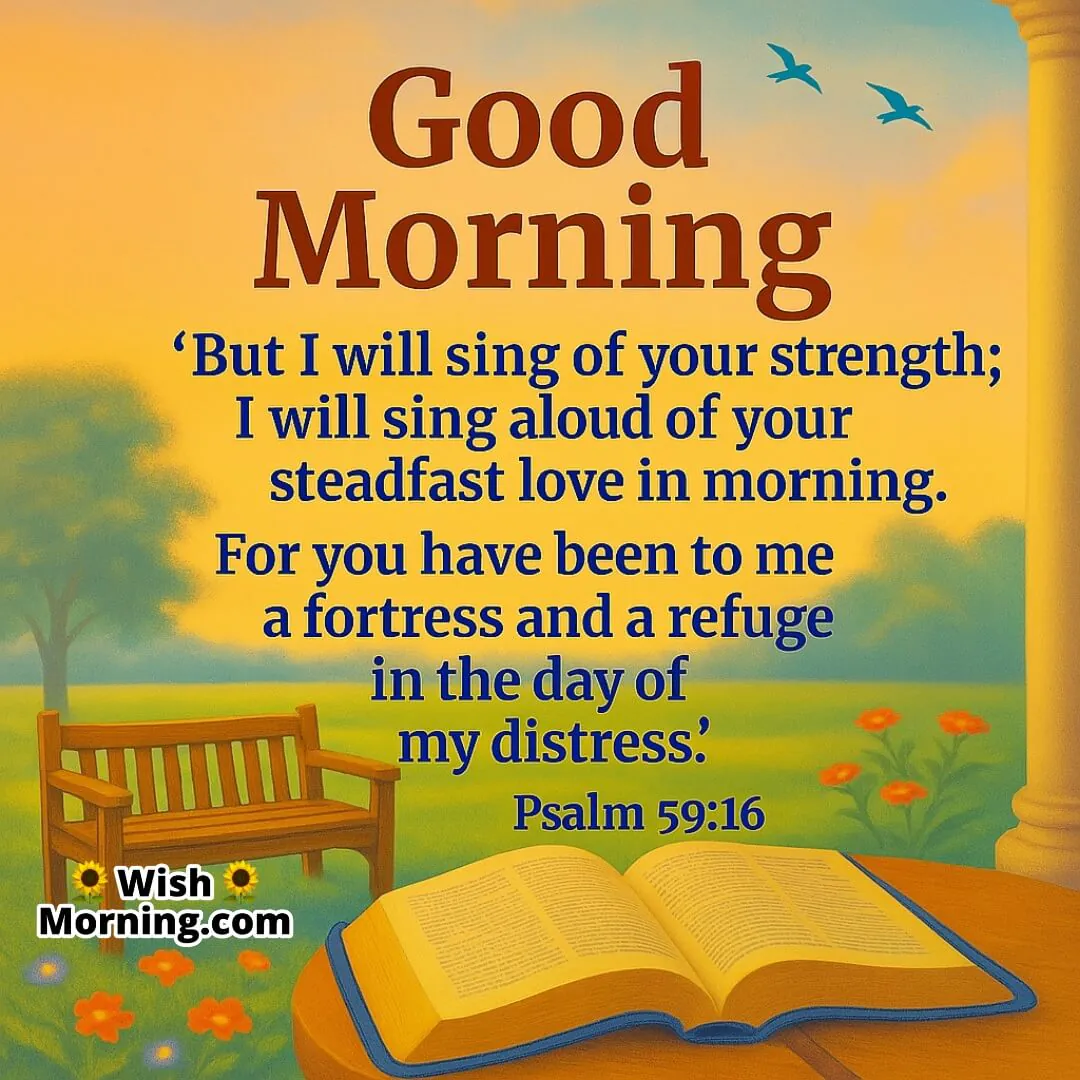 Good Morning with Bible verse and a peaceful colorful garden symbolizing refuge, love, and morning worship.