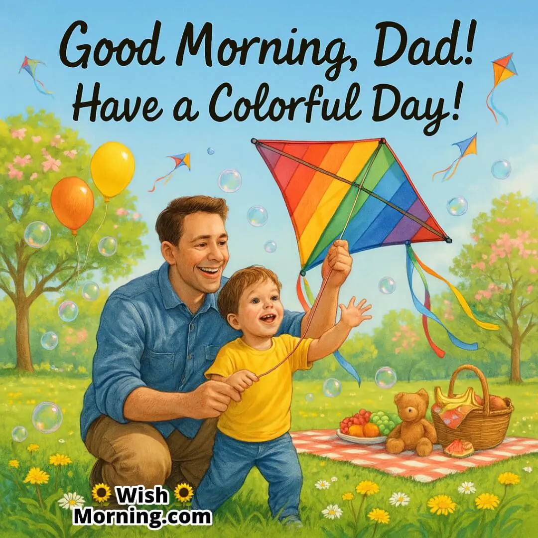 Father flying a kite with child in a blooming park, symbolizing joy, bonding, and a bright, colorful morning.
