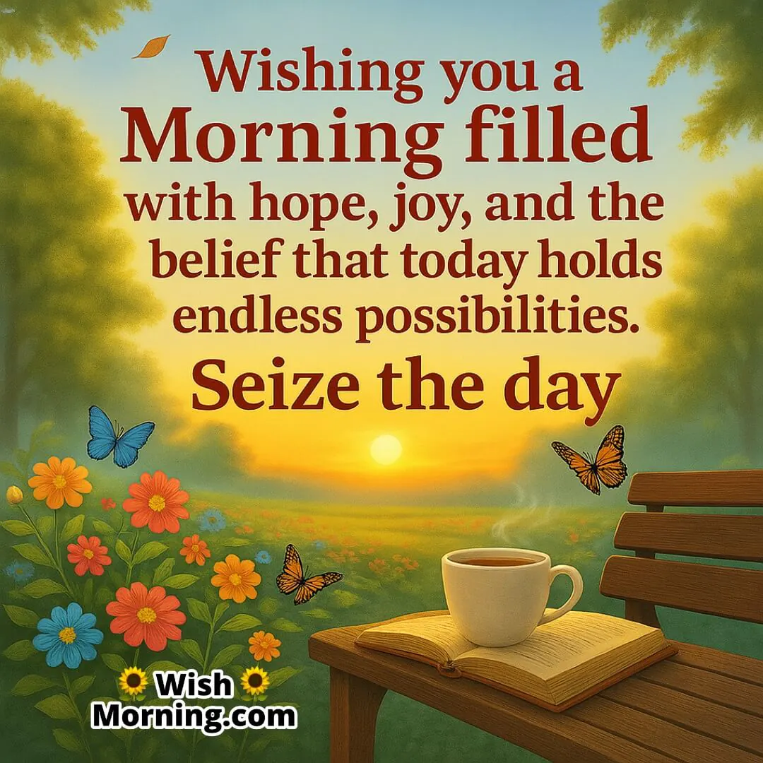 Good Morning with sunrise in a peaceful garden symbolizing hope, joy, and endless possibilities.