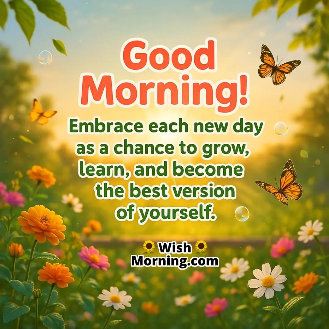 Good Morning with sunrise over a vibrant garden symbolizing growth, learning, and positive energy.
